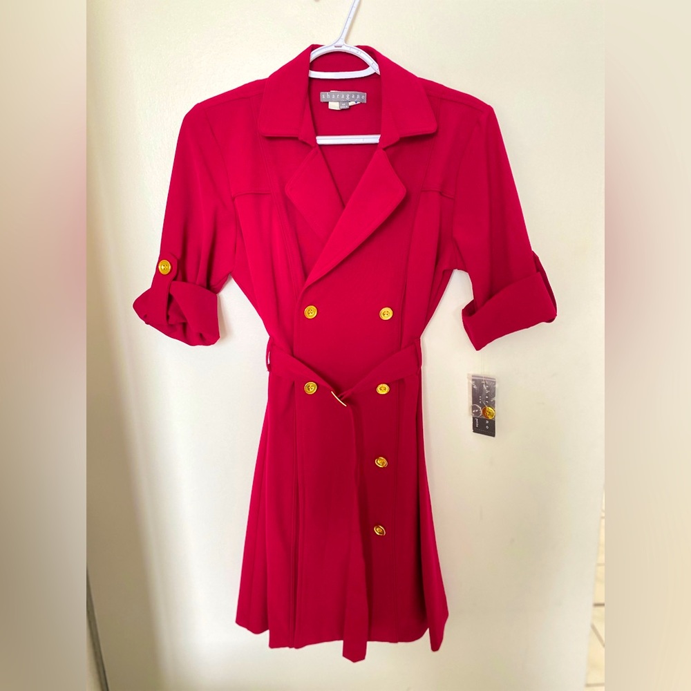 Red long coat with belt.